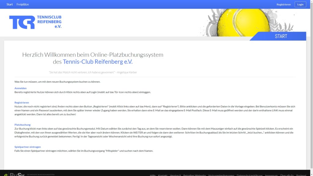 Online-Platzbuchungssystem des Tennisclub Reifenberg